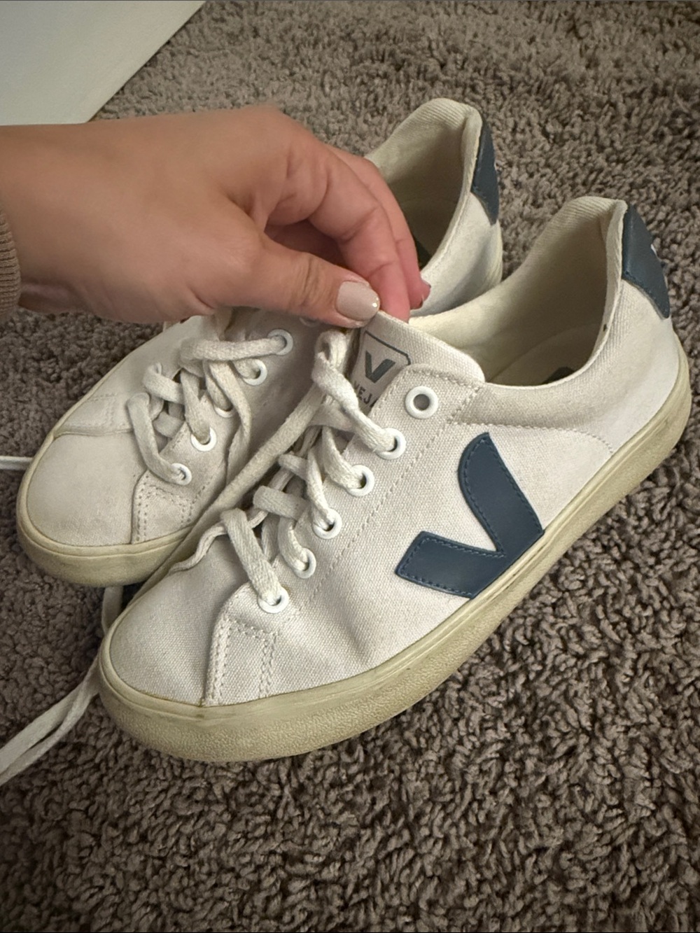 Veja Off-White Canvas Sneakers with Blue V Logo